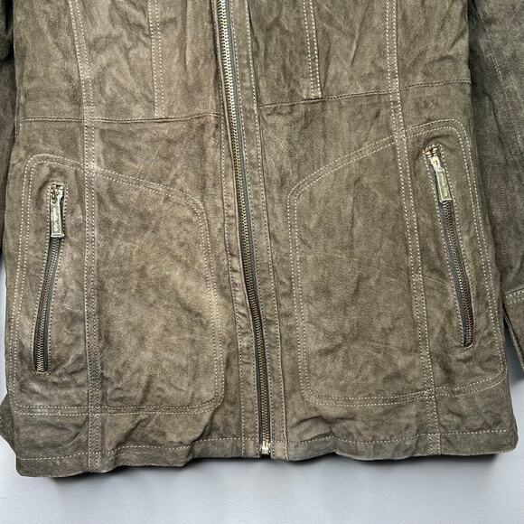 Michael Kors Suede Leather Jacket Vince Coat Full Zip Green *No Belt Large *Flaw - Picture 5 of 13